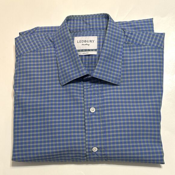 Ledbury Shirt Mens Size XL Blue Green Check 100% Cotton Casual Button Up Slim - Picture 8 of 9